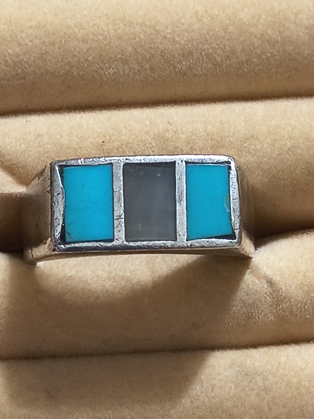 Turquoise & MOP Inlay Sterling Navajo Native American Signet Style Ring Sz 10.5